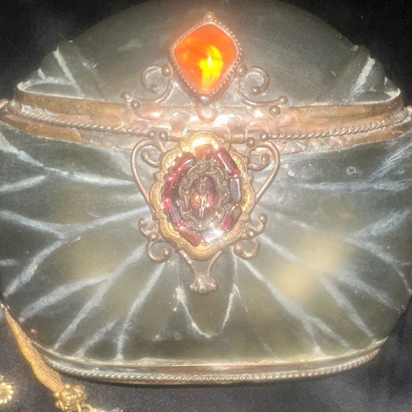 Maya Vintage Carved Beaded Evening Bag in Grey /Green with Gold Tones & Strap - Picture 3 of 7